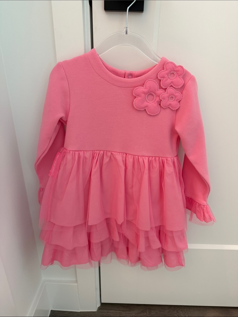 Girls Pink Floral Appliqué Layered Tulle Dress